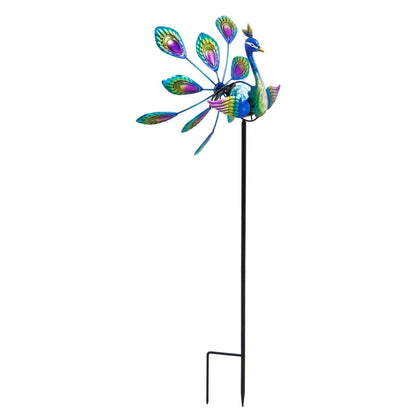 Palm Beach Wind Spinner, Solar Staked Peacock Staked Wind Spinner, 37"H - Tampa Home & Garden Store