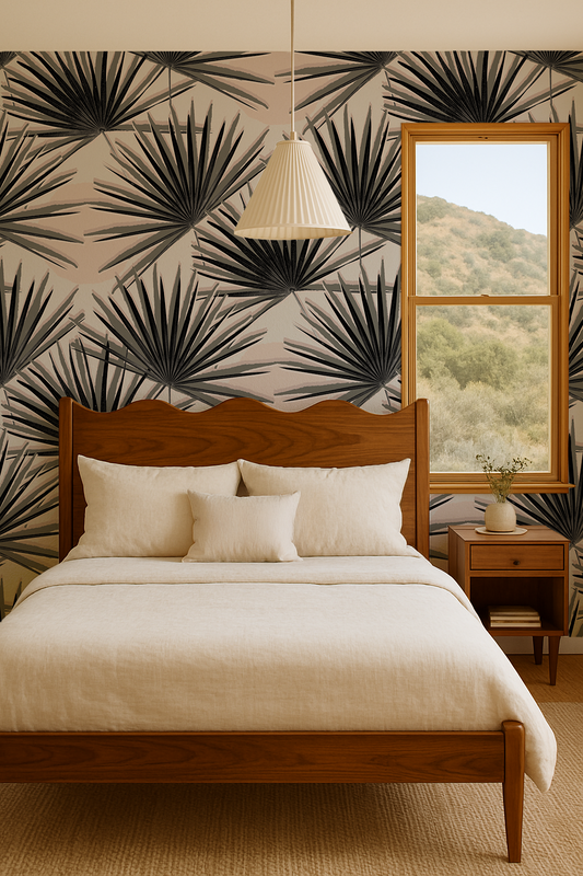Palm Deco Wallpaper, black and blush - Tampa Home & Garden Store