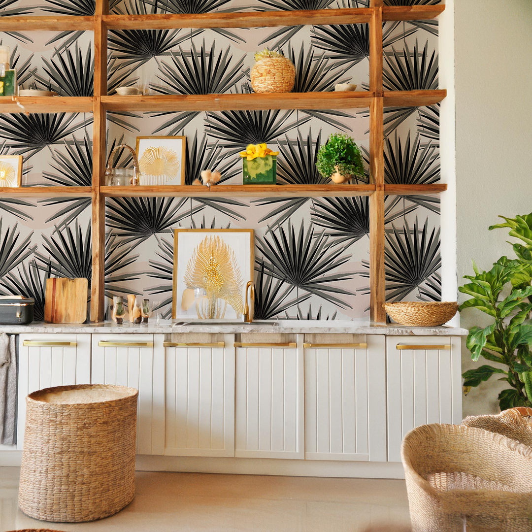 Palm Deco Wallpaper, black and blush - Tampa Home & Garden Store