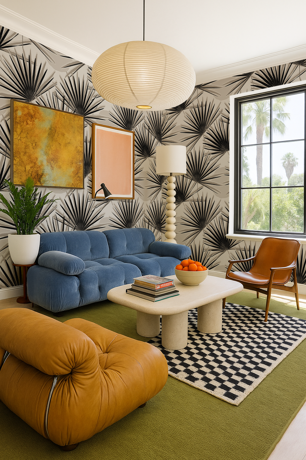 Palm Deco Wallpaper, black and neutral - Tampa Home & Garden Store