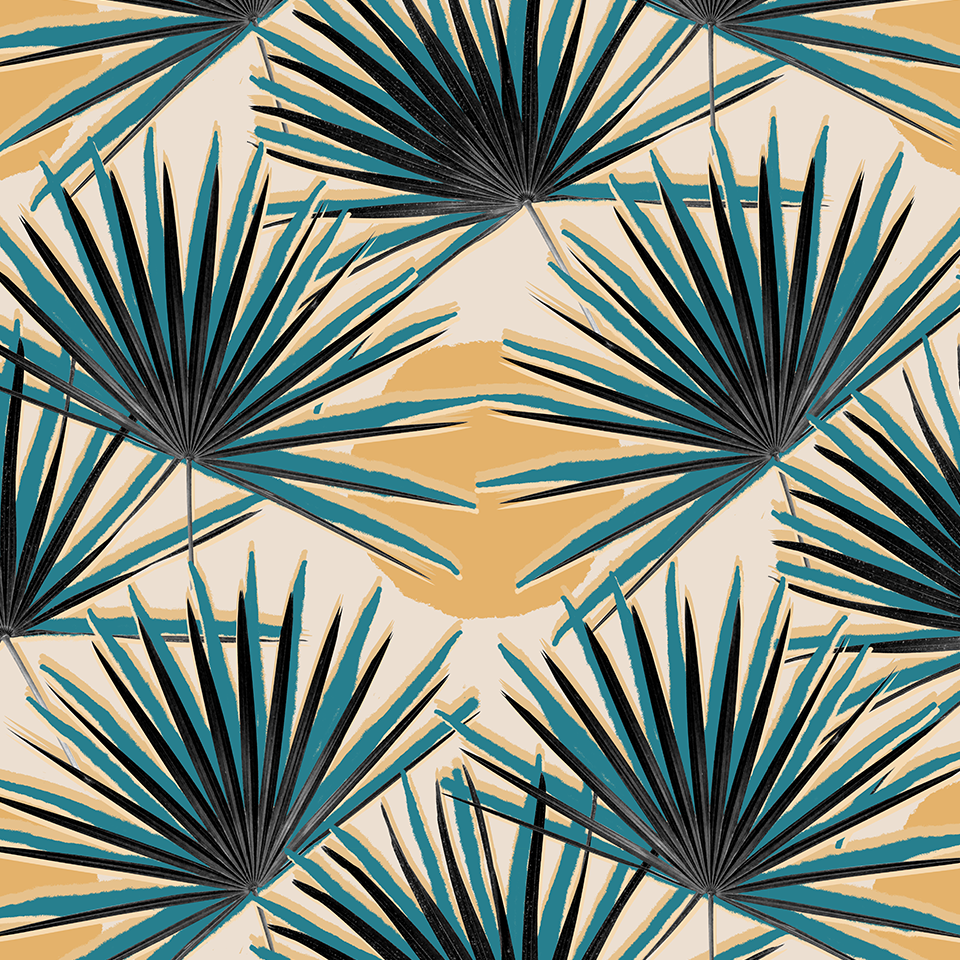 Palm Deco Wallpaper, blue & orange - Tampa Home & Garden Store