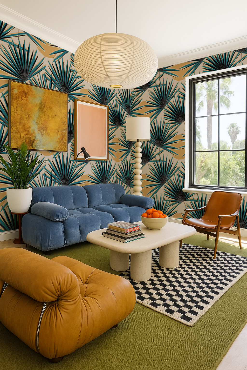Palm Deco Wallpaper, blue & orange - Tampa Home & Garden Store