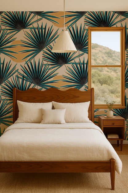 Palm Deco Wallpaper, blue & orange - Tampa Home & Garden Store