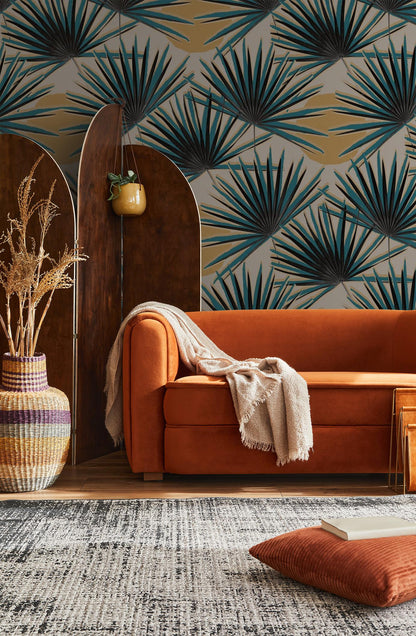 Palm Deco Wallpaper, blue & orange - Tampa Home & Garden Store