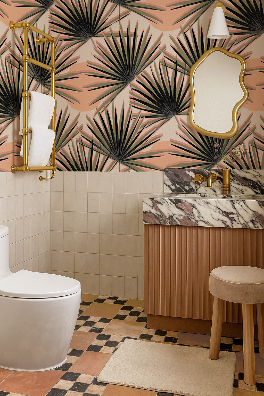 Palm Deco Wallpaper, coral and olive green - Tampa Home & Garden Store
