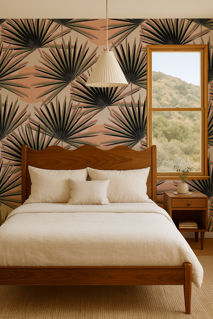 Palm Deco Wallpaper, coral and olive green - Tampa Home & Garden Store
