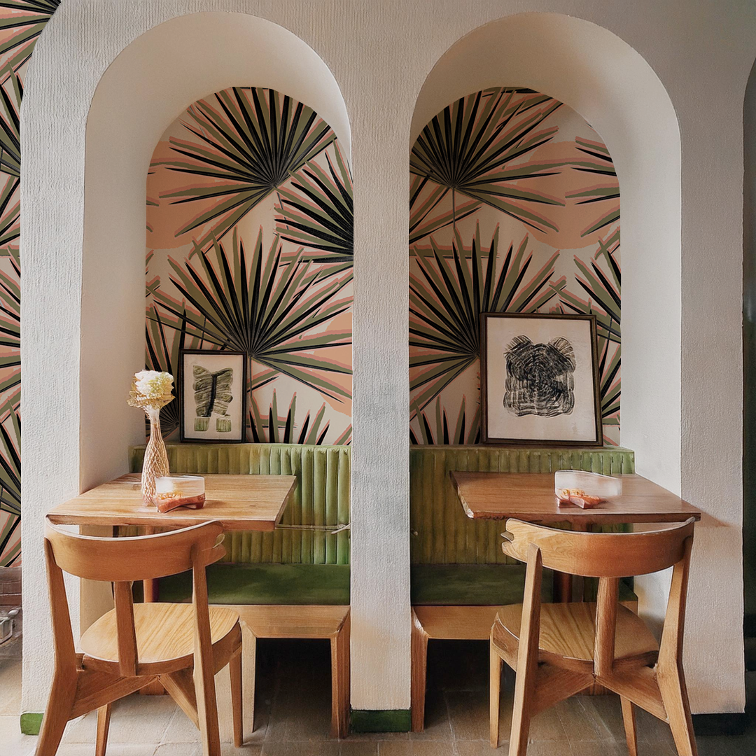 Palm Deco Wallpaper, coral and olive green - Tampa Home & Garden Store