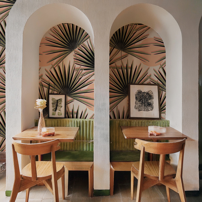 Palm Deco Wallpaper, coral and olive green - Tampa Home & Garden Store