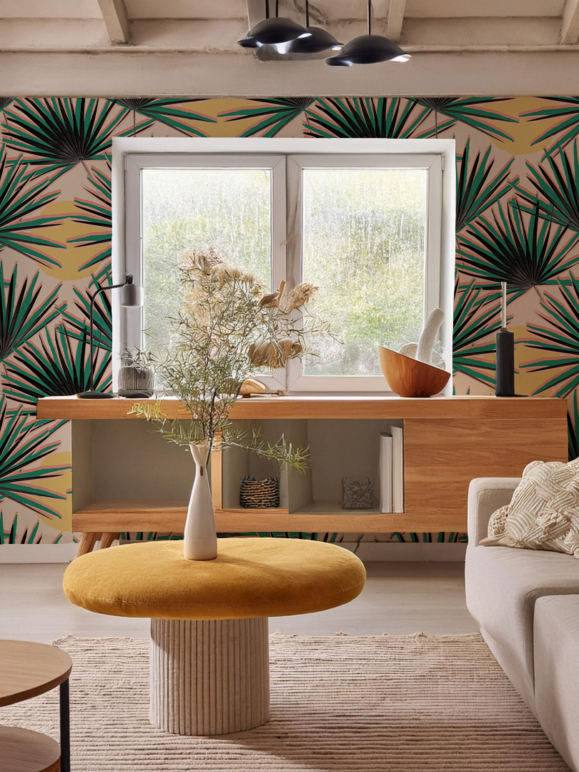 Palm Deco Wallpaper, green and yellow - Tampa Home & Garden Store