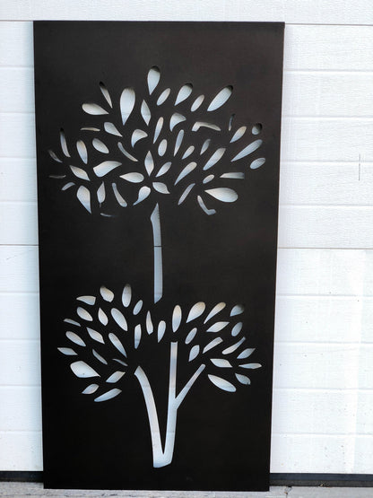 Pair of outdoor metal privacy panels with tree-cutout in black steel by Rustica Ornamentals on Tampa Home & Garden Store