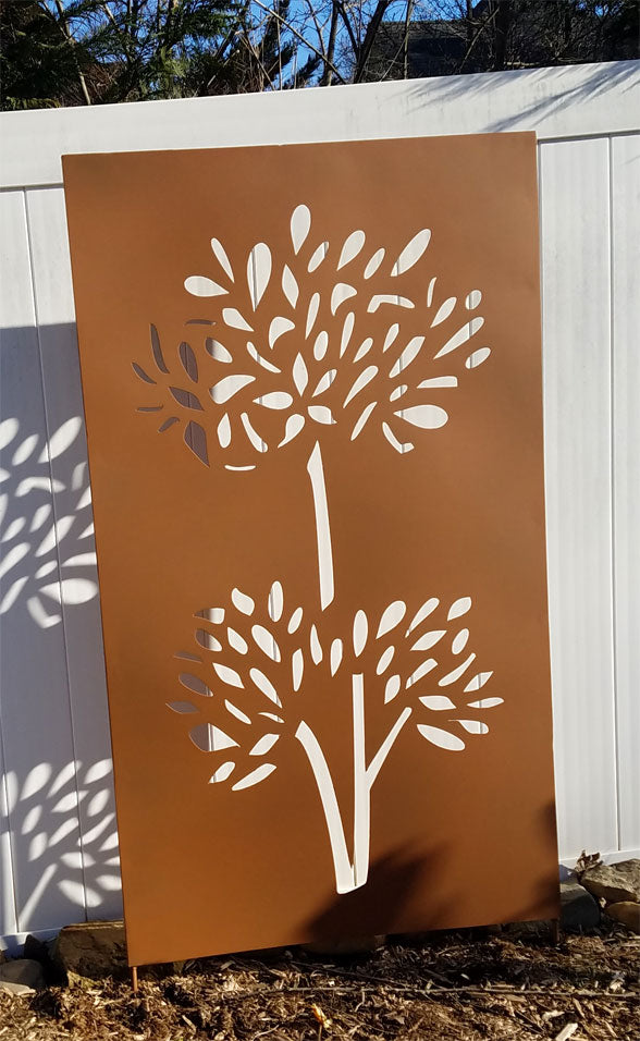 Outdoor privacy screen metal panel with white tree silhouette cutouts on rust finish 46-inch on Tampa Home & Garden Store