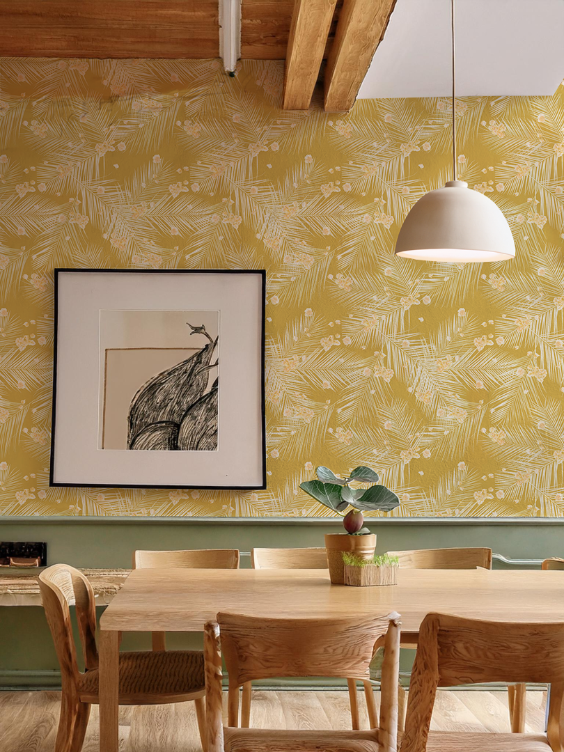 Palm Petal Wallpaper, mustard - Tampa Home & Garden Store