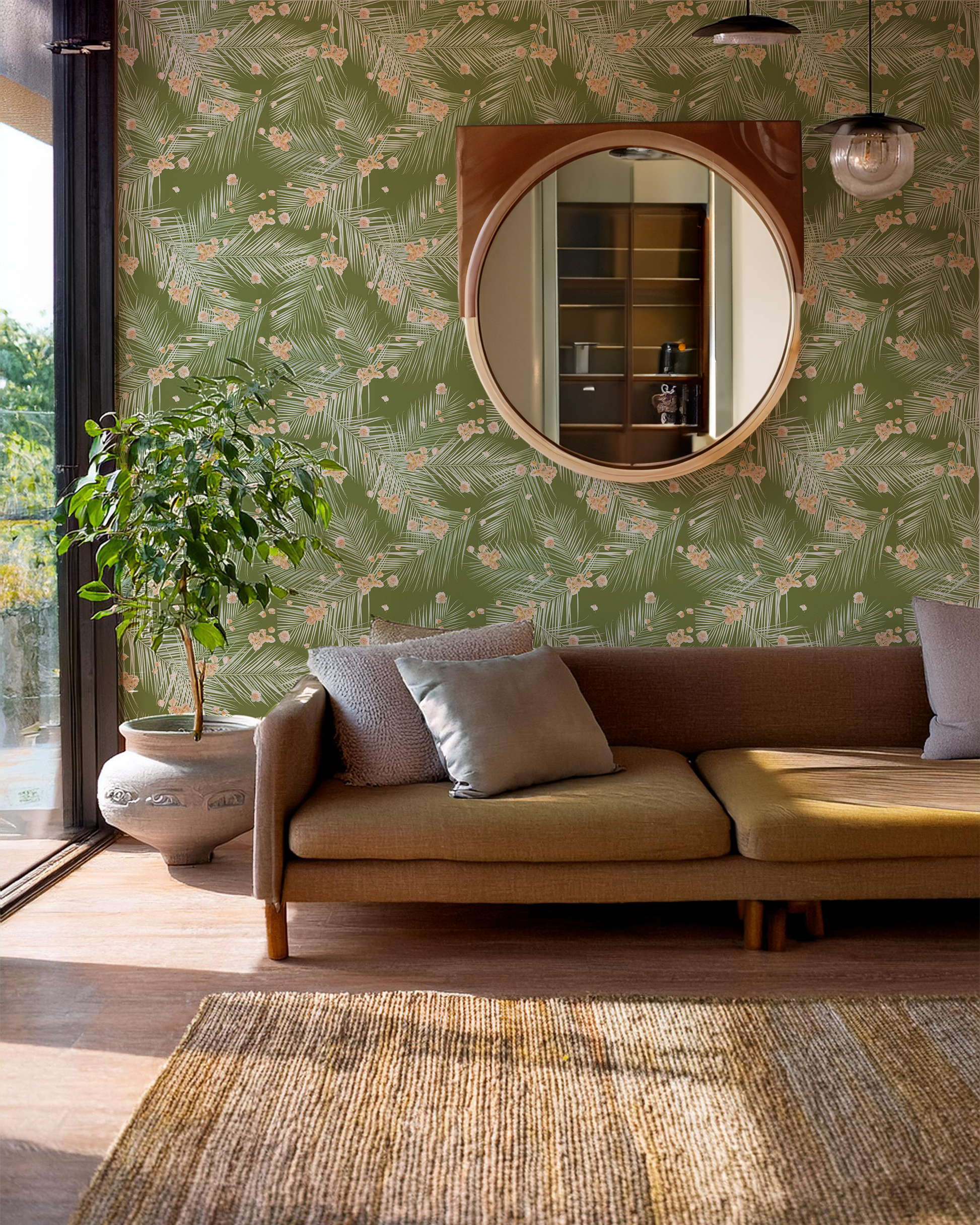 Palm Petal Wallpaper, olive green - Tampa Home & Garden Store