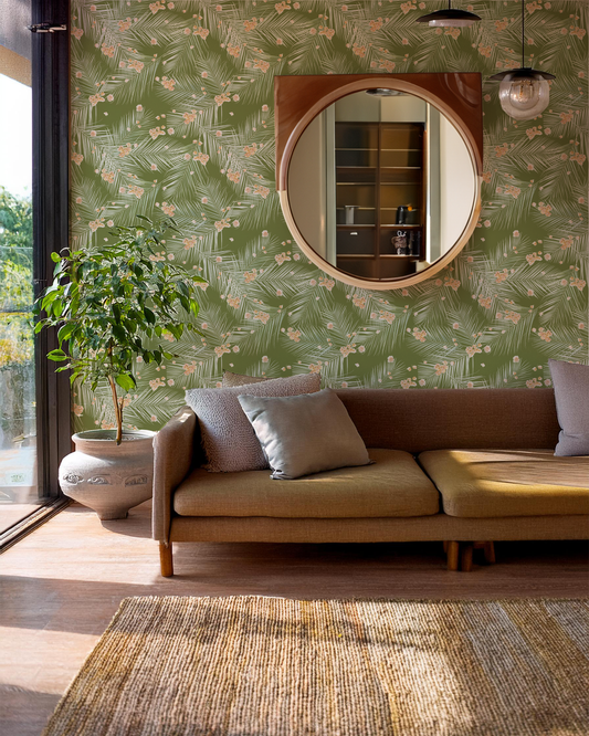 Palm Petal Wallpaper, olive green - Tampa Home & Garden Store