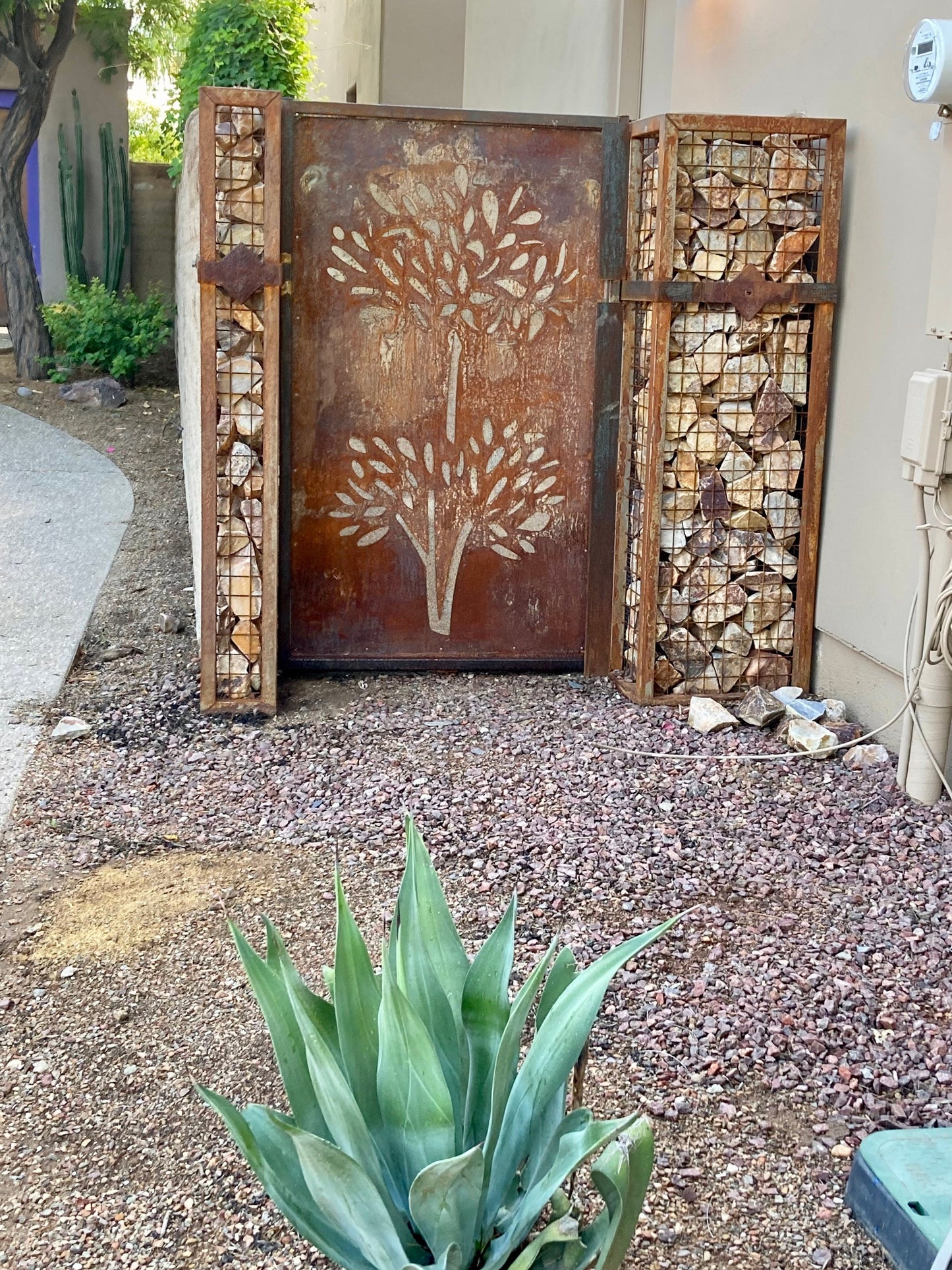 Outdoor privacy screen 46-inch rusted metal with tree silhouette Rustica Ornamentals on Tampa Home & Garden Store