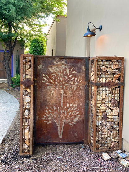 Large outdoor metal privacy screen panels in rusted steel with tree motif, heavy-duty for patio on Tampa Home & Garden Store