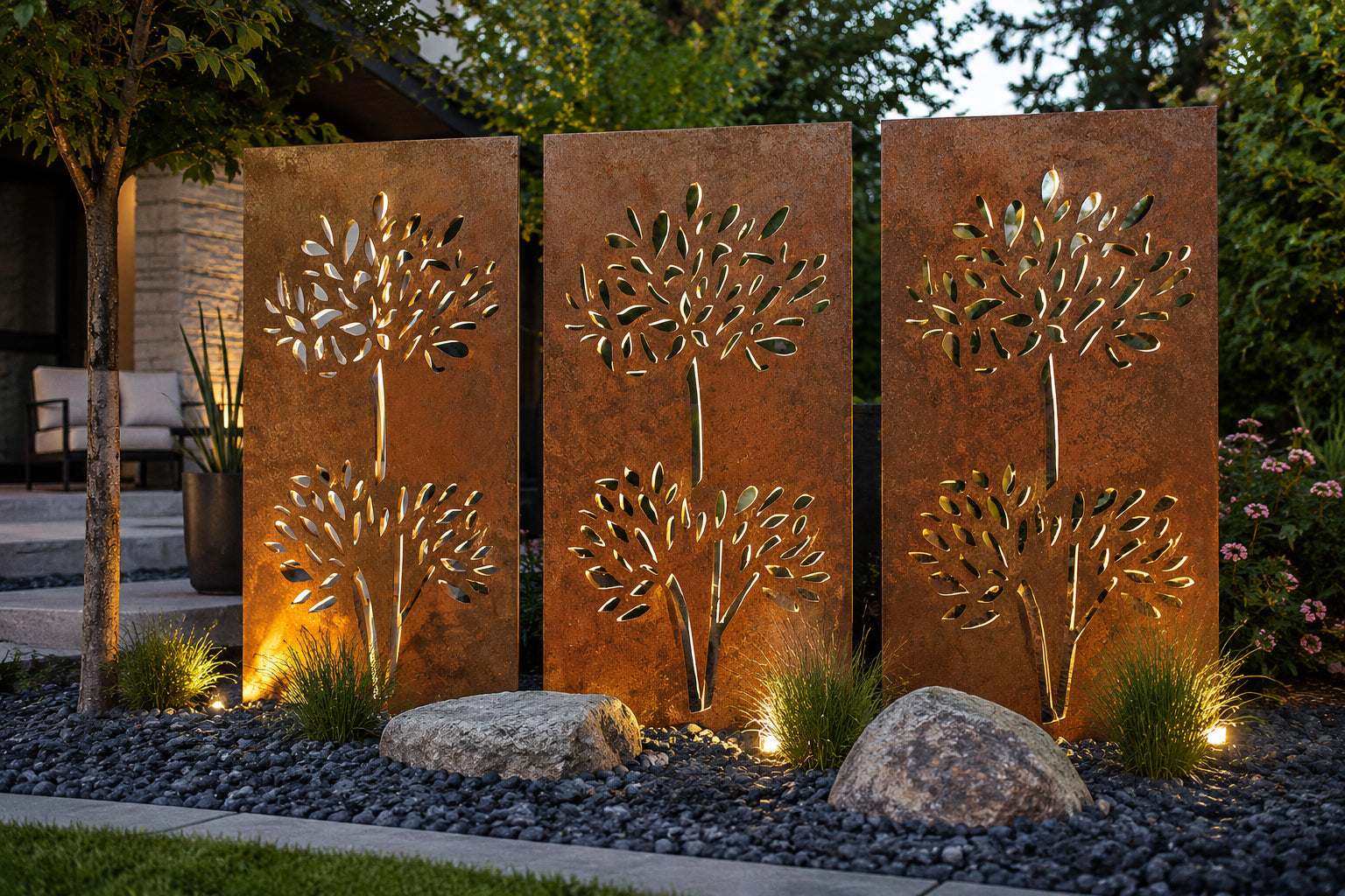 Large outdoor metal privacy screen panels three-panel rusted steel with tree-cutout motifs on Tampa Home & Garden Store