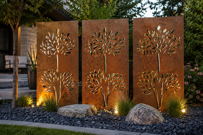 Large outdoor metal privacy screen panels three-panel rusted steel with tree-cutout motifs on Tampa Home & Garden Store