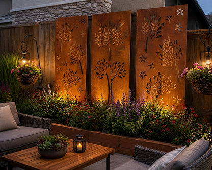 Outdoor metal privacy panels by Rustica Ornamentals rust steel tree cutouts, 3 panel screen on Tampa Home & Garden Store