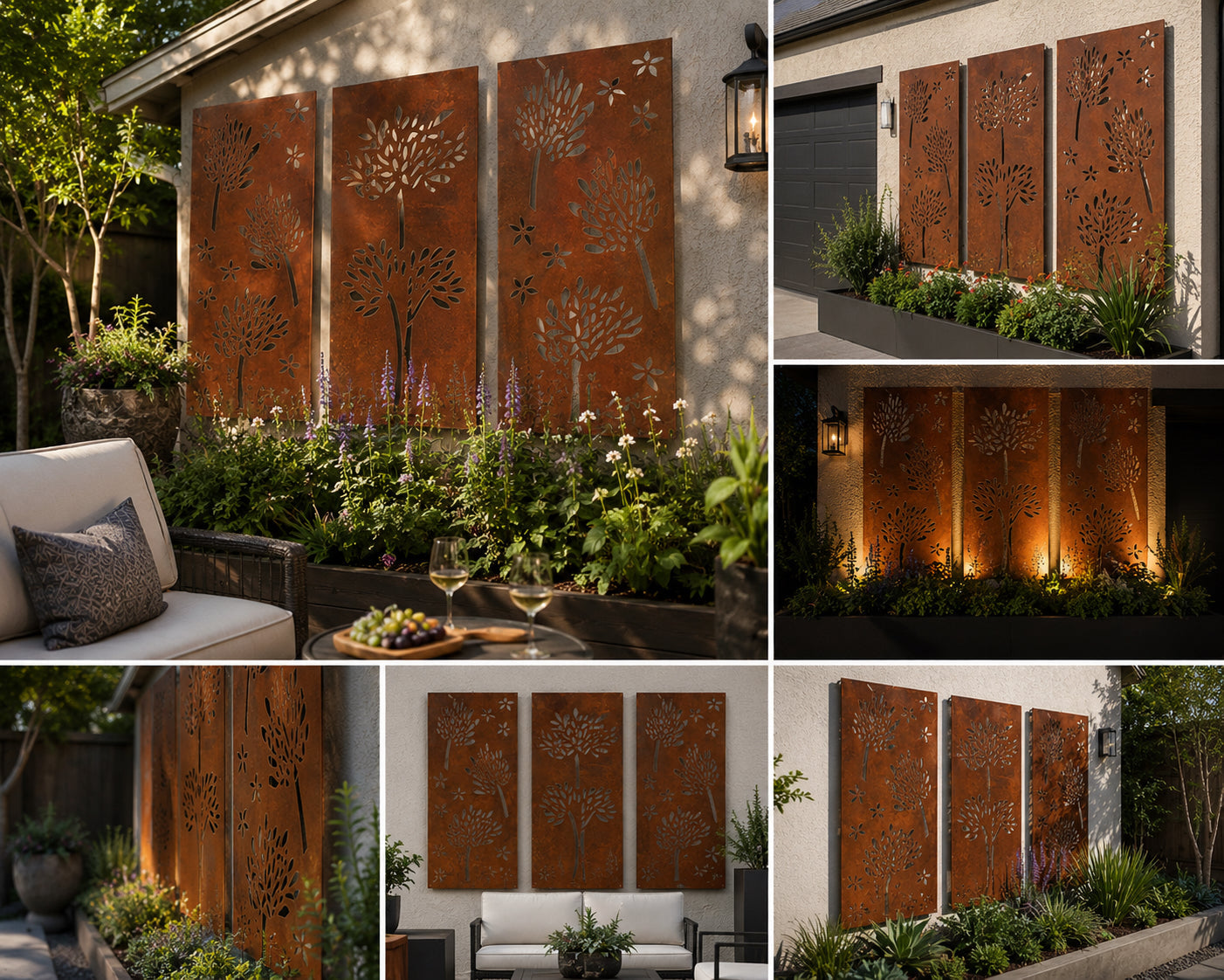 Outdoor Metal Privacy Screen Panels 4-panel rust-steel set by Rustica Ornamentals for patio on Tampa Home & Garden Store