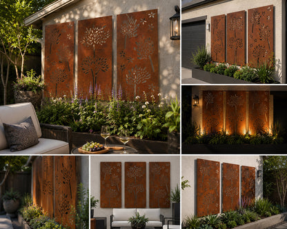 Outdoor Metal Privacy Screen Panels 4-panel rust-steel set by Rustica Ornamentals for patio on Tampa Home & Garden Store