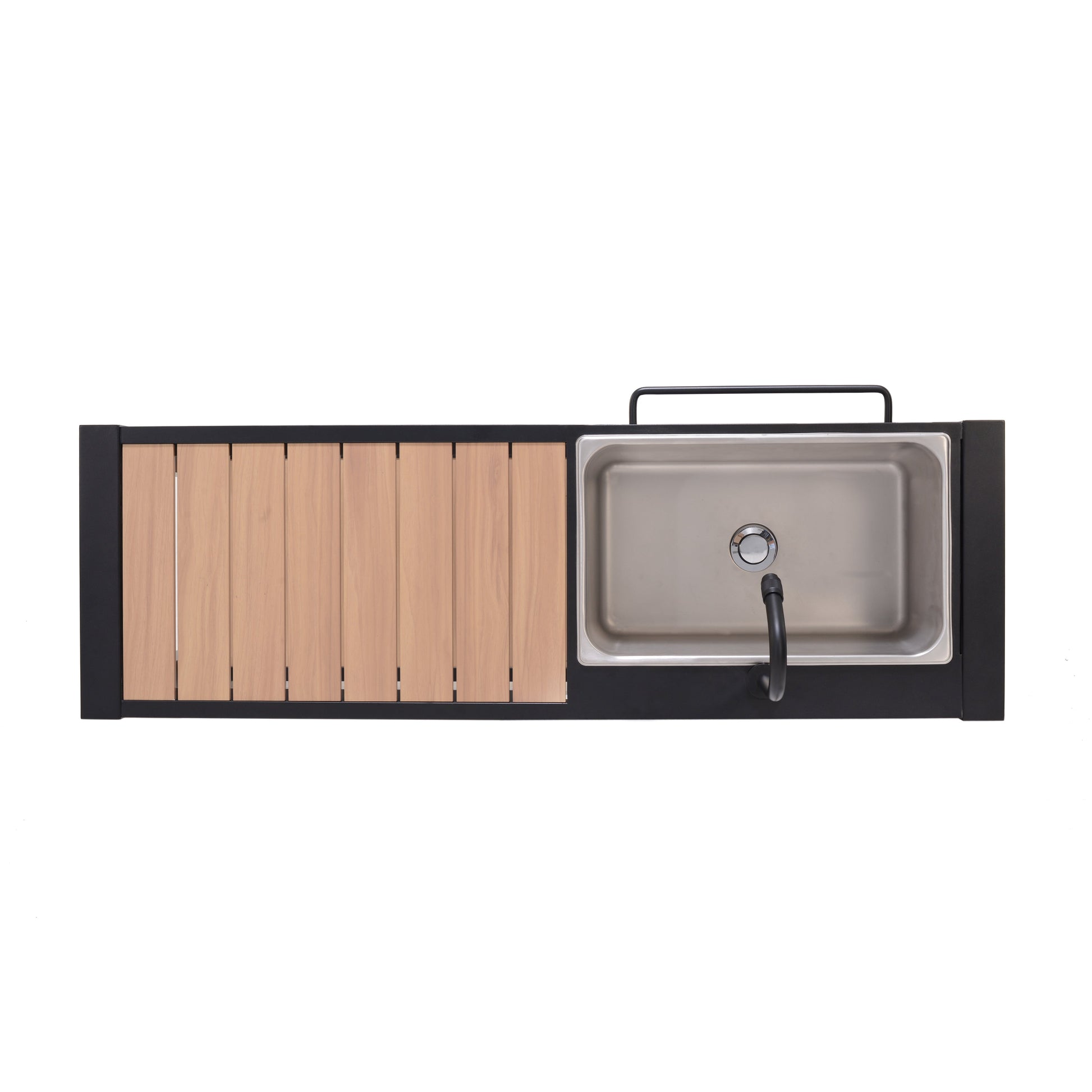 Panama Dark Outdoor Kitchen with black frame and wood slats, stainless sink on Tampa Home & Garden Store