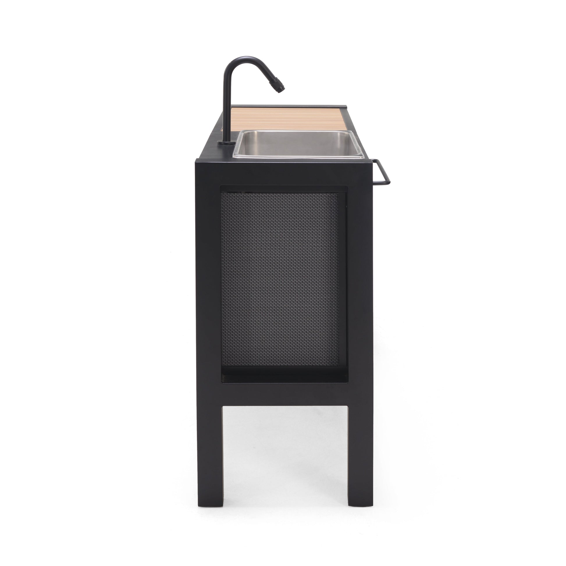 Panama Dark Outdoor Kitchen with curved black faucet wood countertop stainless sink on Tampa Home & Garden Store