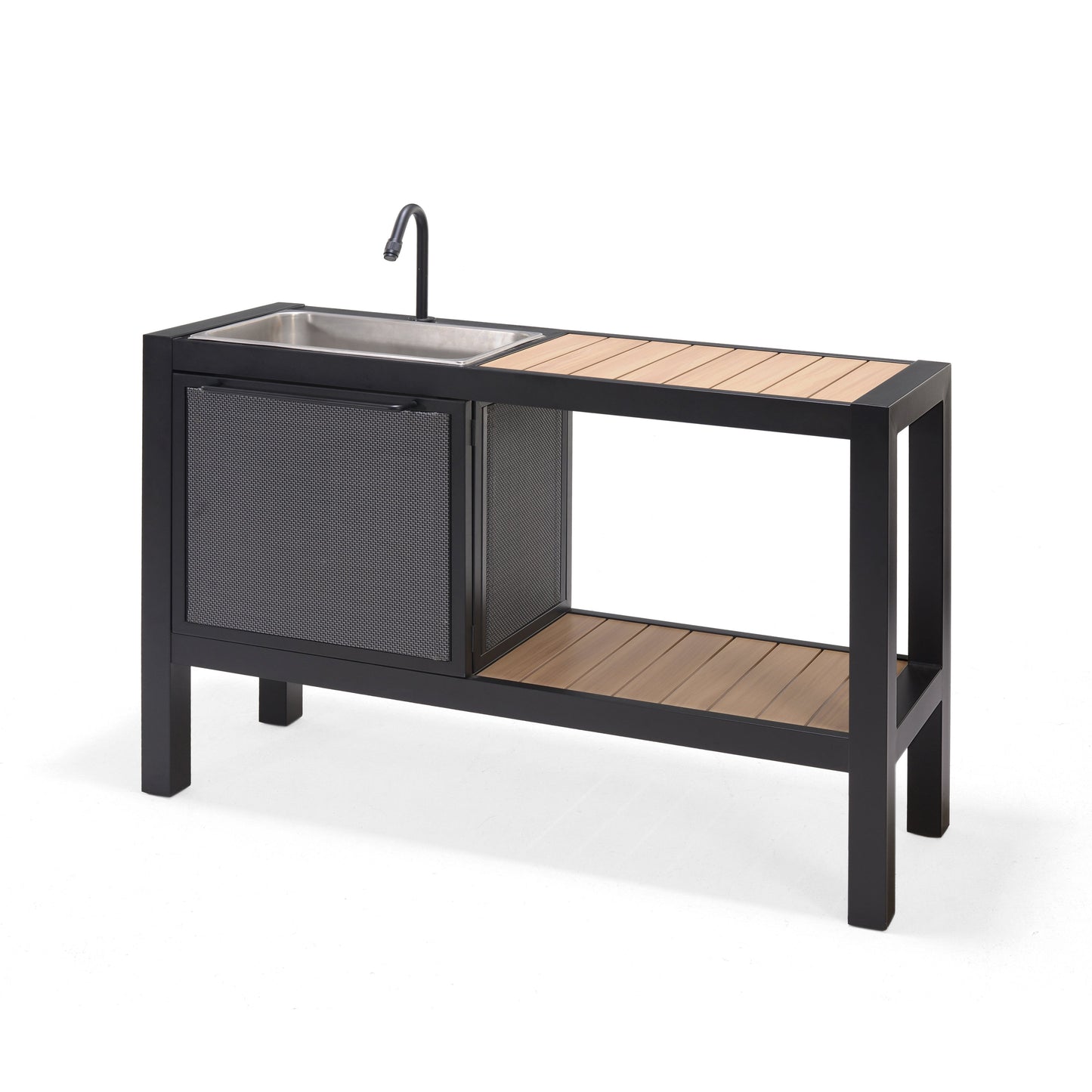 Panama Dark Outdoor Kitchen with stainless sink, curved black faucet, wood slat top, metal frame on Tampa Home & Garden Store
