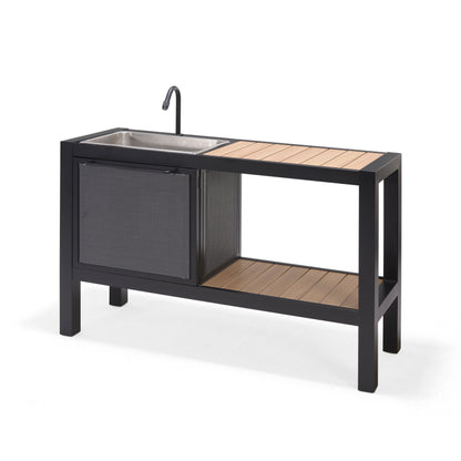 Panama Dark Outdoor Kitchen with stainless sink, curved black faucet, wood slat top, metal frame on Tampa Home & Garden Store