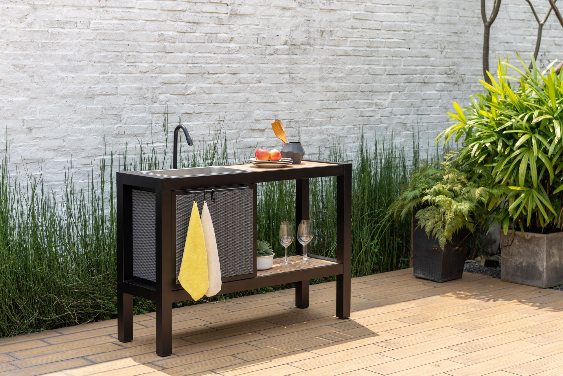 Panama Dark Outdoor Kitchen cart with black metal frame, wood top, sink, faucet, mesh storage on Tampa Home & Garden Store