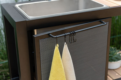 Panama Dark Outdoor Kitchen dark brown frame with woven panel and stainless sink towel hooks on Tampa Home & Garden Store