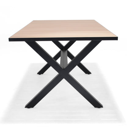 Panama Dark Rectangular Outdoor Table with light wood slats and black X-frame base on Tampa Home & Garden Store