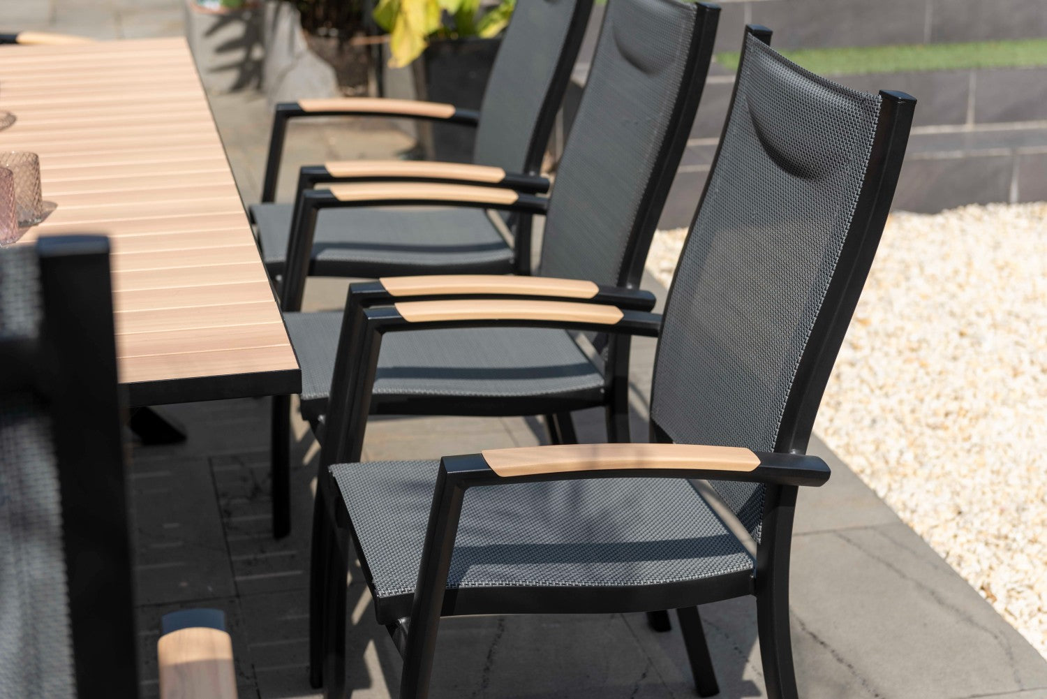 Panama Dark Stacking Armchairs 2pc set, black mesh with light wood armrests outdoor chairs on Tampa Home & Garden Store