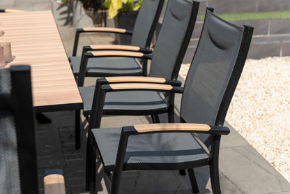 Panama Dark Stacking Armchairs 2pc set, black mesh with light wood armrests outdoor chairs on Tampa Home & Garden Store