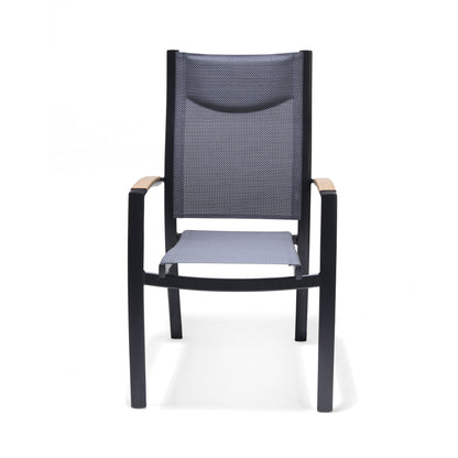 Panama Dark Stacking Armchair 2pc, dark woven back and black frame on Tampa Home & Garden Store