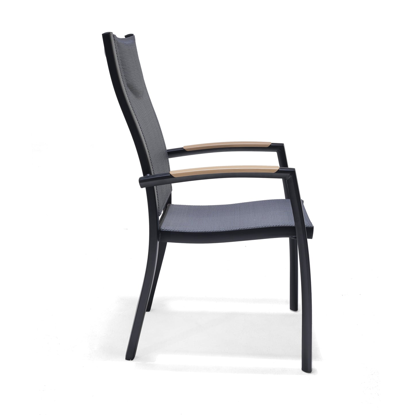 Panama Dark Stacking Armchair from LifestyleGarden US; dark frame, grey weave, tan armrests on Tampa Home & Garden Store