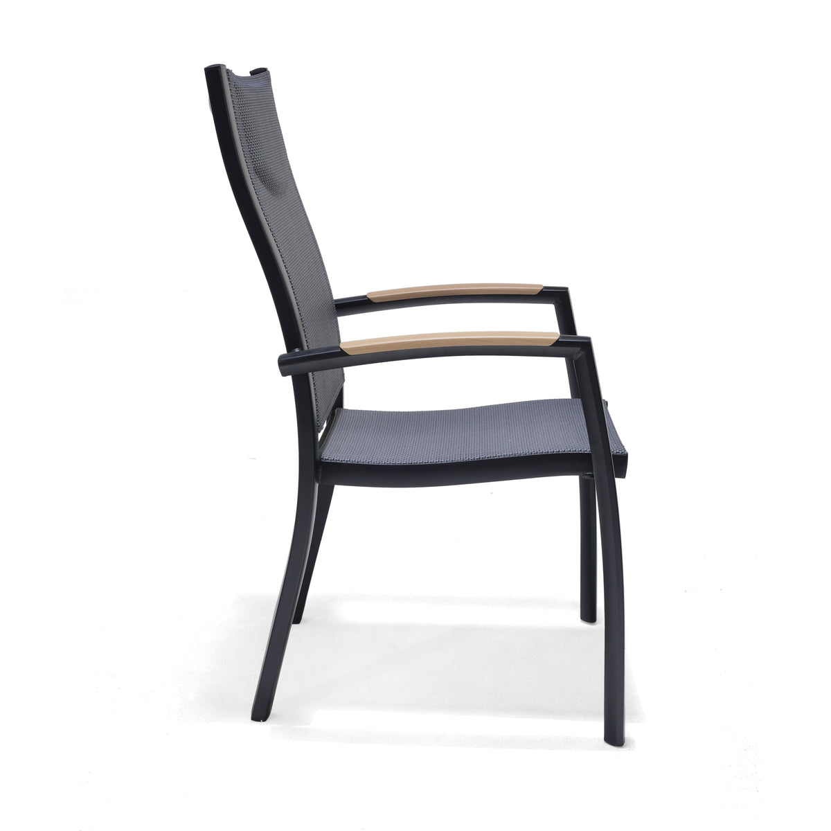 Panama Dark Stacking Armchair from LifestyleGarden US; dark frame, grey weave, tan armrests on Tampa Home & Garden Store