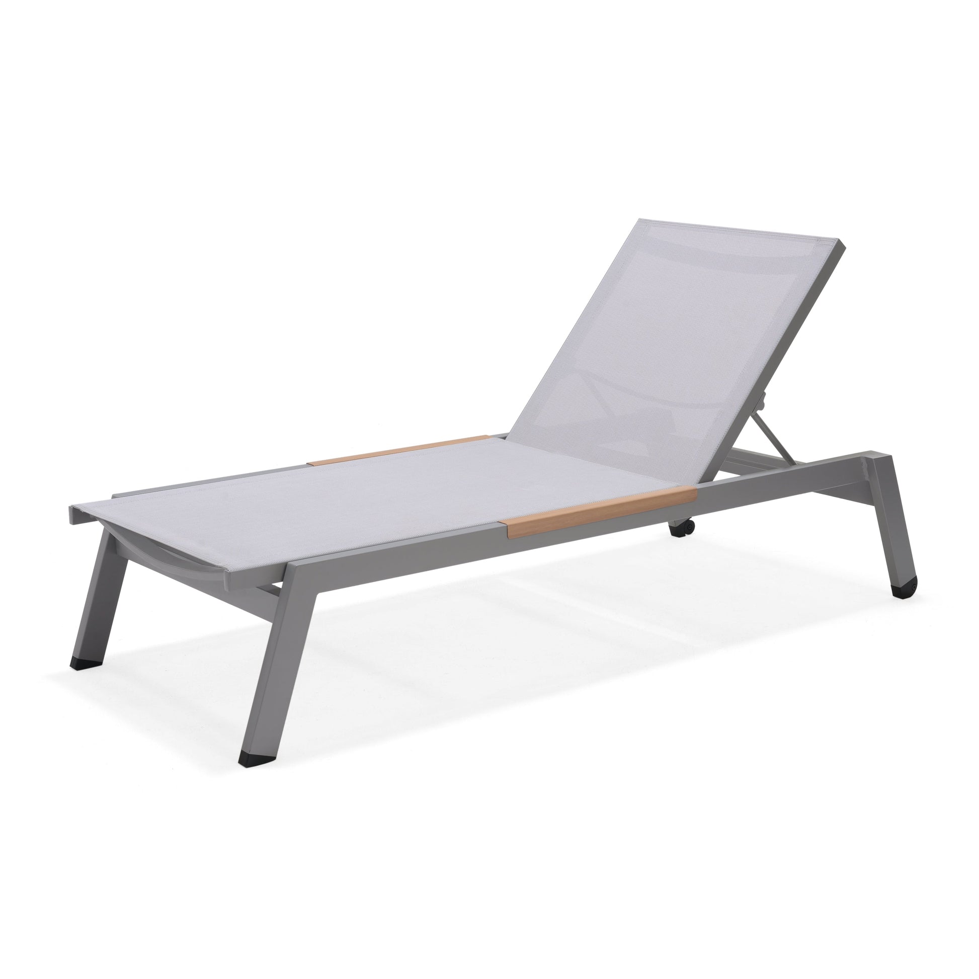 Panama Light Sun Lounger gray mesh fabric with wood accents and metal frame LifestyleGarden on Tampa Home & Garden Store