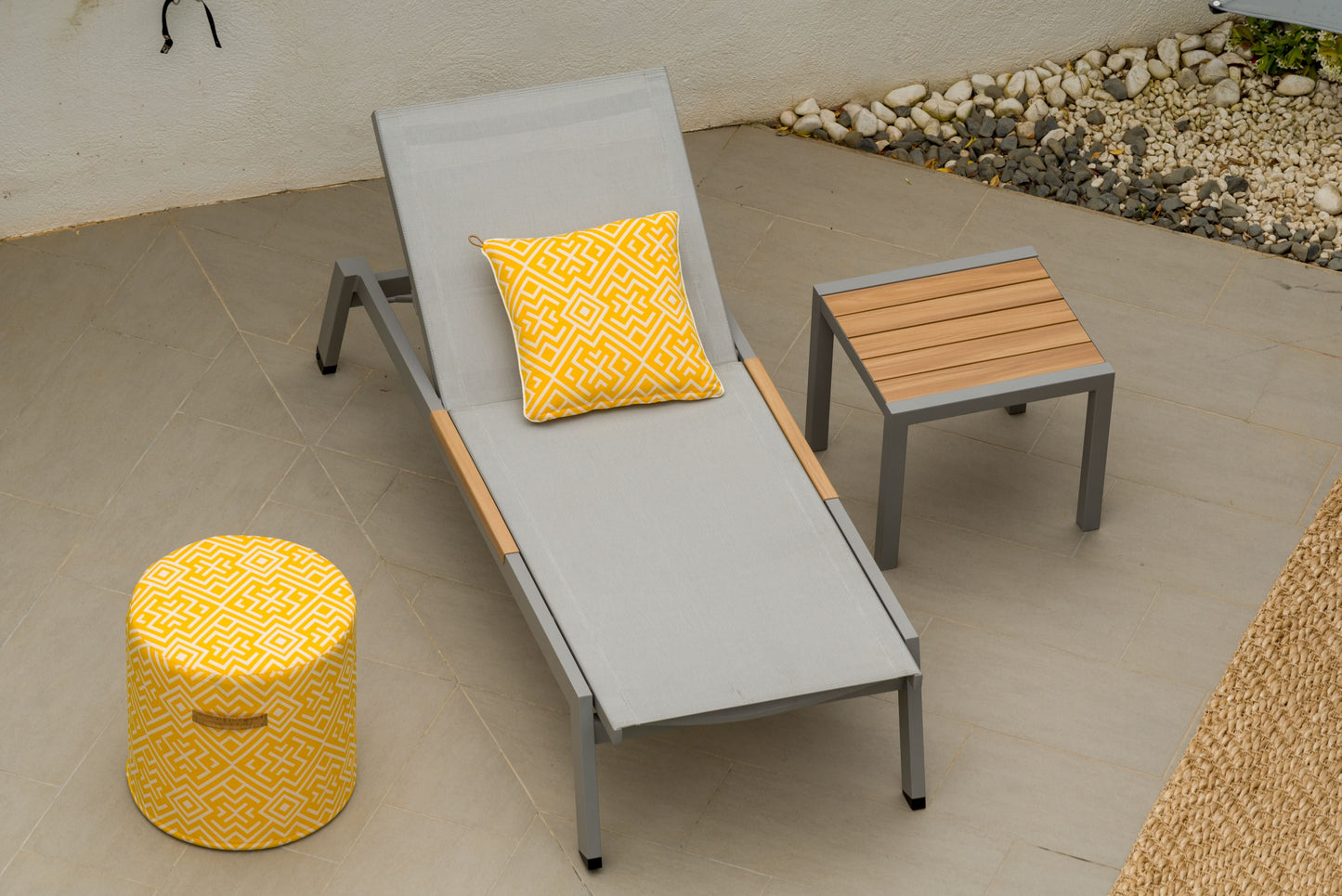 Panama Light Sun Lounger gray frame with light gray fabric and yellow pillow LifestyleGarden US on Tampa Home & Garden Store