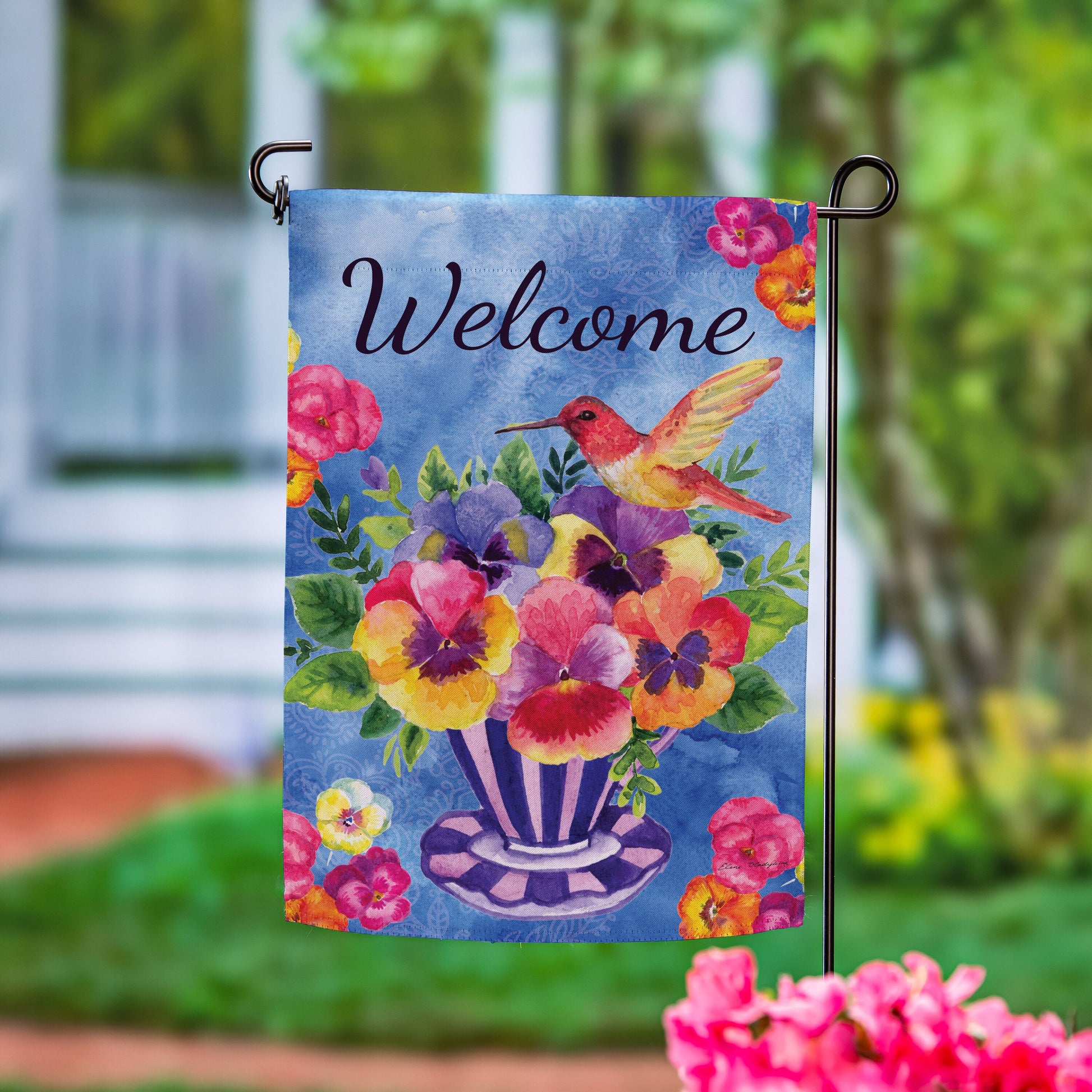 Pansies & Hummingbird Tea Cup Suede Garden Flag - Tampa Home & Garden Store