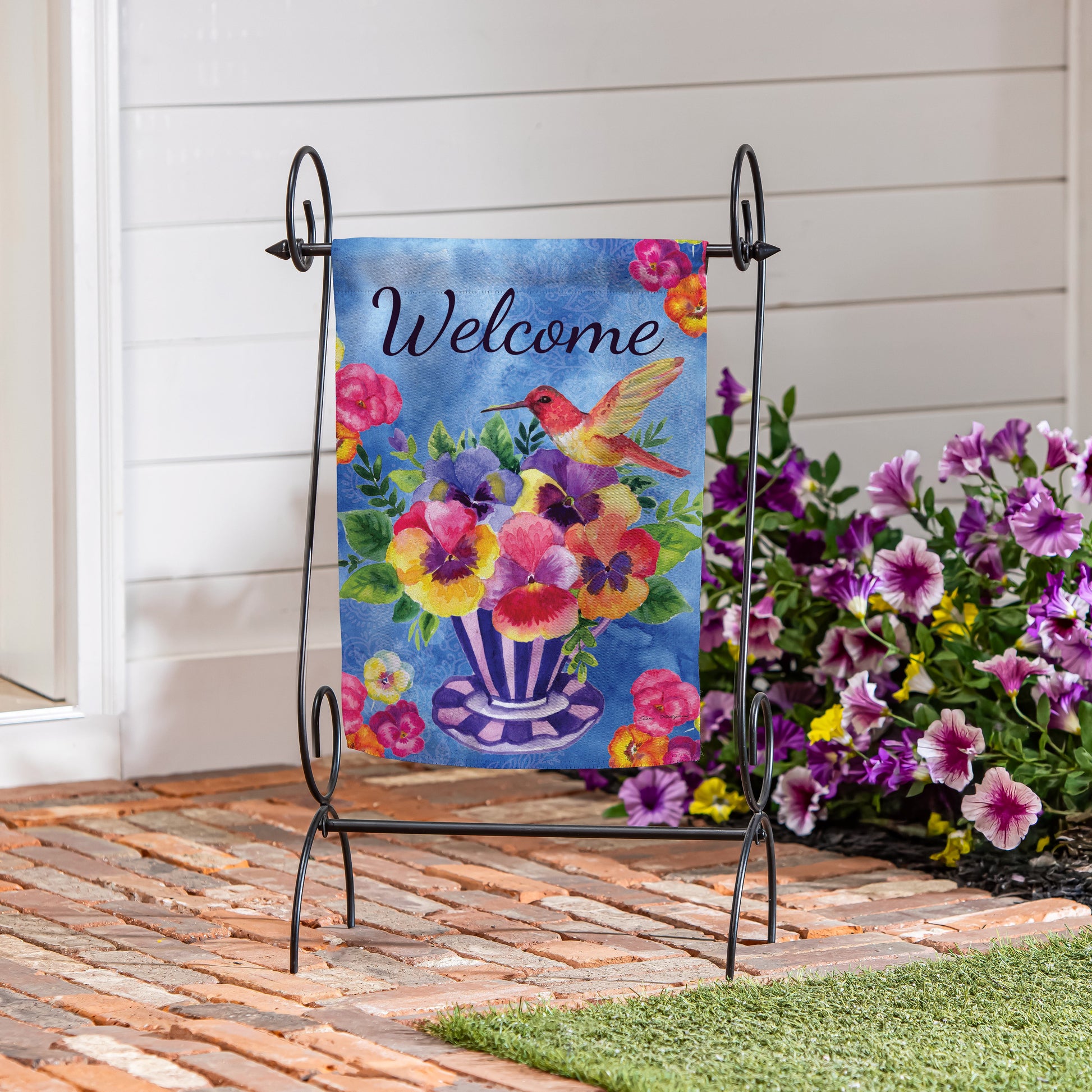 Pansies & Hummingbird Tea Cup Suede Garden Flag - Tampa Home & Garden Store