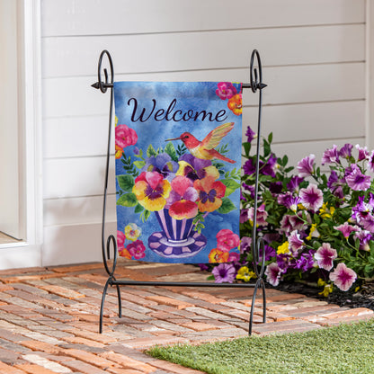 Pansies & Hummingbird Tea Cup Suede Garden Flag - Tampa Home & Garden Store