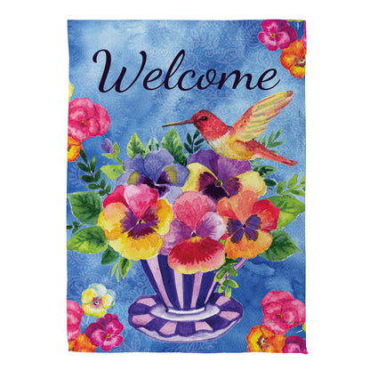 Pansies & Hummingbird Tea Cup Suede Garden Flag - Tampa Home & Garden Store