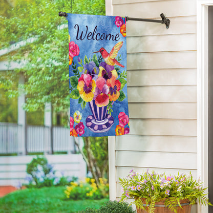 Pansies & Hummingbird Tea Cup Suede House Flag - Tampa Home & Garden Store