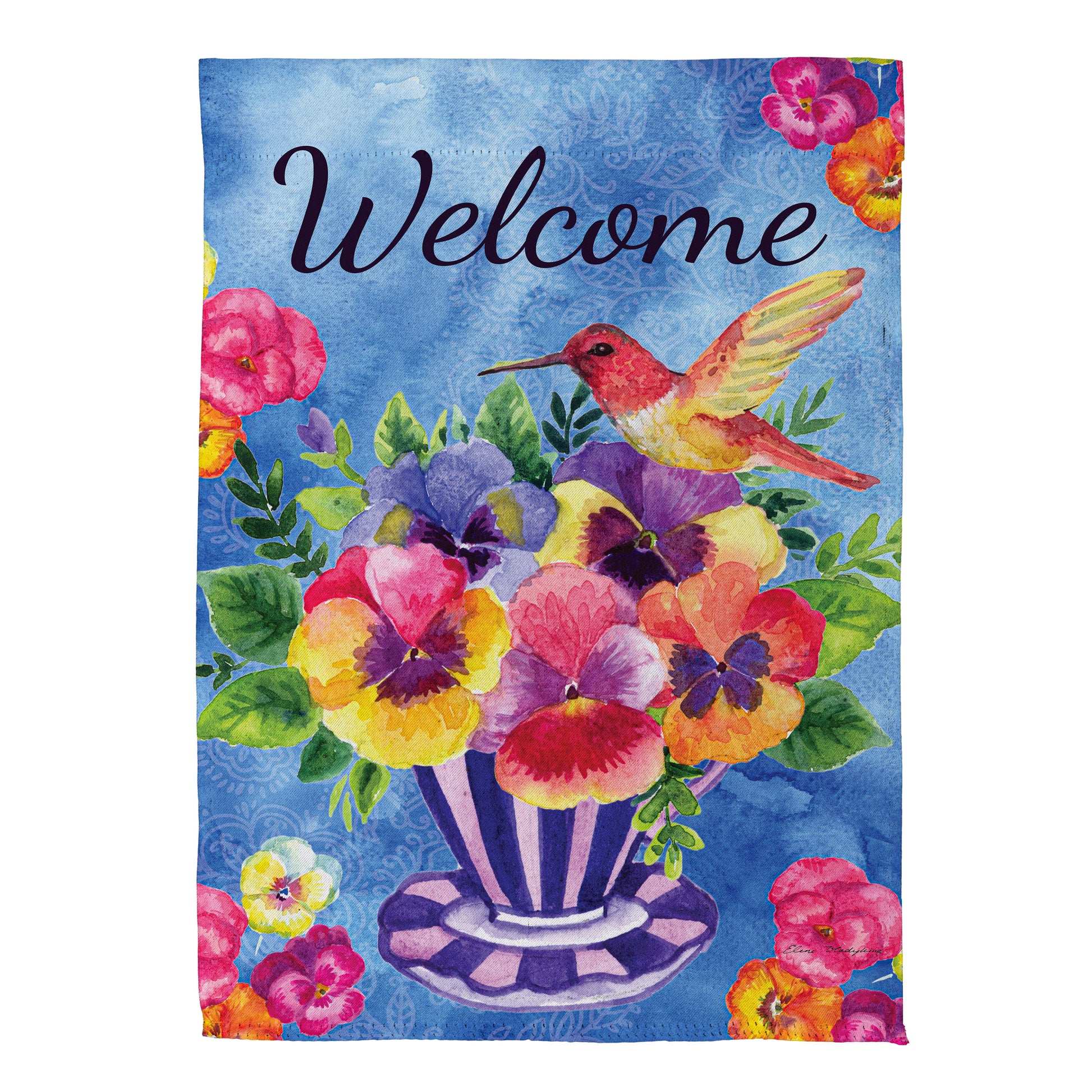 Pansies & Hummingbird Tea Cup Suede House Flag - Tampa Home & Garden Store