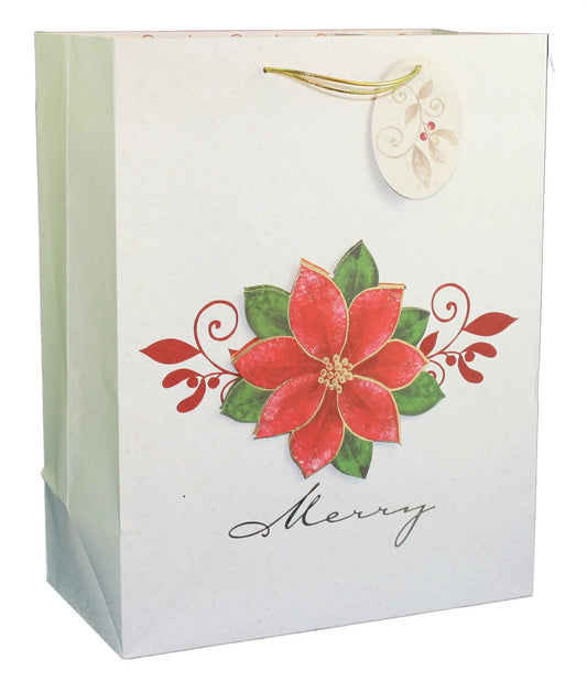 Pinecones Gift Bag Medium white with red poinsettia and gold cord handles on Tampa Home & Garden Store