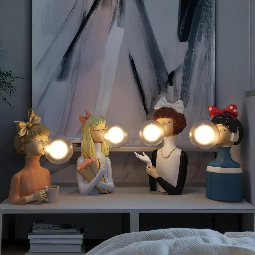 Parisian Bubble Girls Clear Glass LED Table Lamps by Moktan Sabai; pastel busts with glowing orbs on Tampa Home & Garden Store