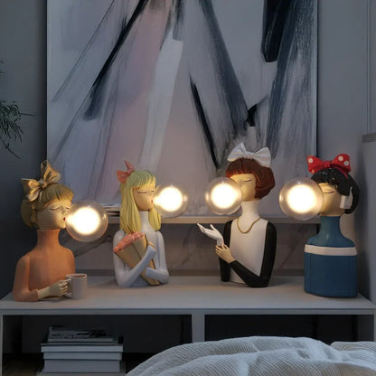 Parisian Bubble Girls Clear Glass LED Table Lamps by Moktan Sabai; pastel busts with glowing orbs on Tampa Home & Garden Store