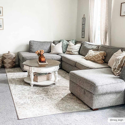 Parkerfield Area Rug by Boutique Rugs in soft beige-gray under a gray sectional living room on Tampa Home & Garden Store