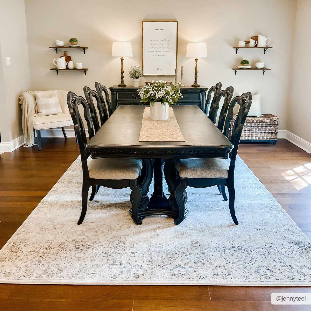 Parkerfield Area Rug by Boutique Rugs, light gray ornate dining rug under a black dining table on Tampa Home & Garden Store
